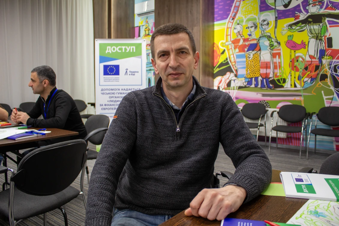 Serhii before a training session on psychosocial support and coping mechanisms