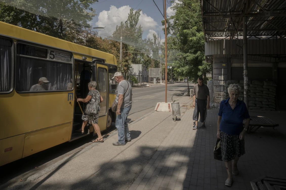 A public transport stop in Kherson